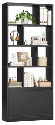 Immagine prodotto di Libreria 155x60x24 cm, colore nero, in legno, con 4 ripiani e ante