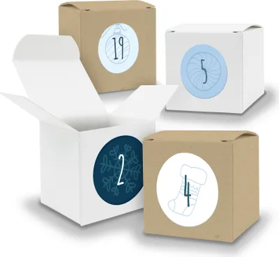 Produktbild von Adventskalender zum Füllen 24x Würfel 6,5cm gemischt WEISS BRAUN + Sticker V06 Z12