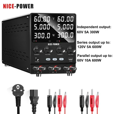 Image de SPS3010-2KD - Alimentation de laboratoire DC réglable - 0 à 60V, 0 à 5A, double canal - Tension de sortie régulée - Charge rapide USB 5V 2A - Bouton rotatif avec encodeur