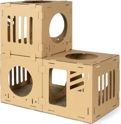 Produktbild von Navaris Katzentunnel aus Karton mit Kratzboards - 3tlg. Katzenhaus aus Pappe zum Zusammenstecken - Papphaus für Katzen - Katzenhöhle Haus Kartonhaus