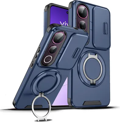 Image de Etui double couche pour vivo V50 Lite, couvercle coulissant pour appareil photo et support magnétique Bleu