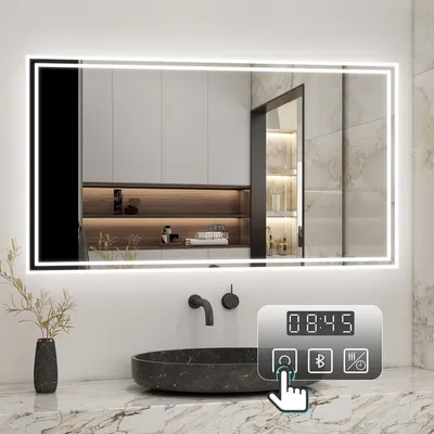 Produktbild von Acezanble LED Badspiegel 160x80cm, Kaltweiß, Neutralweiß, Warmweiß, Bluetooth, Uhr, dimmbar, Memory-Funktion, Touch- & Wandschalter, Beschlagfrei, fest verdrahtet, Aluminiumrahmen, Explosionsschutzfolie, 50.000h Lebensdauer