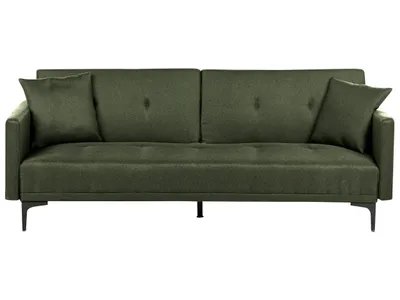 Produktbild von BELIANI 3-Sitzer Schlafsofa Dunkelgrün Stoffbezug Gesteppt mit Schwarzen Metallbeinen 2 Kissen Retro Klappsofa Wohnzimmer Sofa mit Schlaffunktion