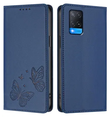 Image de Étui en cuir pour Oppo A54 4G/A54S/A55 5G/A16/A16S/A55s 5G/A53s 5G/A56 5G, motif papillon, étui portefeuille à rabat avec support, bleu foncé