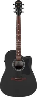 A full-shot studio image of a black acoustic guitar against a white background.
