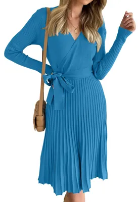 Produktbild von ZESICA Damenkleid, Langarm, Wickelkleid, V-Ausschnitt, Rippstrick, Plissee, A-Li