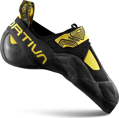 Kletterschuh Theory von La Sportiva; schwarz mit gelben Akzenten; für Klettern geeignet.