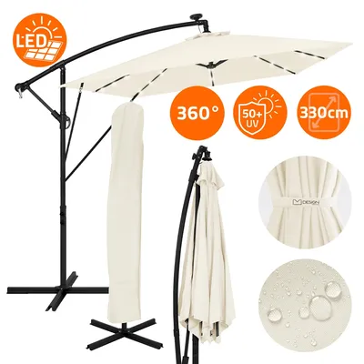 Obrázek produktu pro ML-Design Slunečník Ø330cm s LED solárním béžovým hliníkovým slunečníkem s krytem kliky a stojanem, ochrana před sluncem a voděodolný, otočný a sklopný