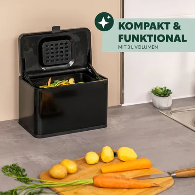 Produktbild von eluno Biomülleimer 3L mit Geruchsfilter, zum Hängen, Stellen oder Kleben, Komposteimer, 3 Montagearten, matt schwarz