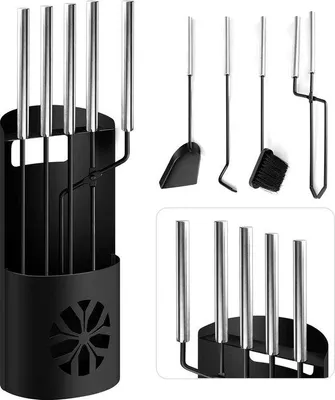 Produktbild von Unyqoos® 5‑teiliges Kaminbesteck, schwarz – Besen, Ascheschaufel, Schürhaken, Zange, halboffener Ständer mit Sichtschutz, Edelstahl-Griffe