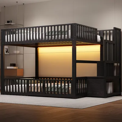 Immagine prodotto di Letto a castello 140x200 cm, con illuminazione a LED, con spazio contenitivo, con scaletta, con letto a scomparsa, con testiera imbottita, colore nero