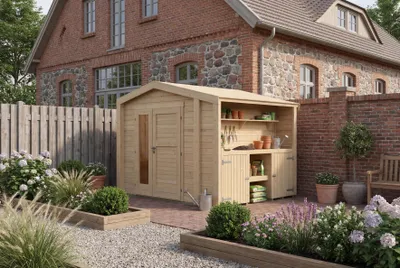 Produktbild von Gartenhaus Killarney, 300x250cm, Naturbelassen, 28mm, Pflanztisch, seitlicher Anbau, KI-generiertes Bild