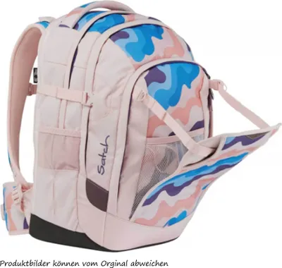 A pink backpack with a colorful abstract pattern, shown from the side with one of its pockets open.