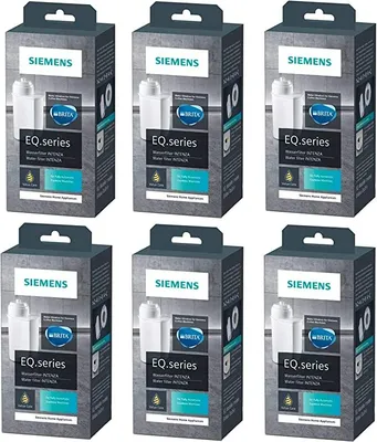 Six boxes of Siemens EQ.series water filters arranged in two rows.