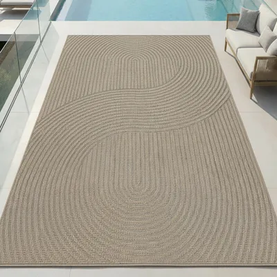 Immagine prodotto di Tappeto da esterno con motivo grafico a linee, resistente alle intemperie, per terrazza o balcone, beige, dimensioni: 120 x 170 cm