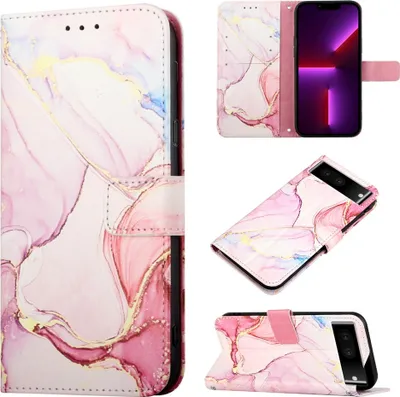 Image de Google Pixel 7 Pro Housse, Motif de marbre Cuir synthétique Sac Porte-cartes avec fonction de support Housse de protection à rabat pour Google Pixel 7 Pro Rose Blanc