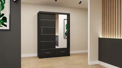 Produktbild von Easy4You Florence Schwarz Schiebetürenschrank Kleiderschrank 150x218x61 cm mit Spiegel - Schlafzimmermöbel, Aufbewahrung – Mehrzweckschrank mit 2 Schubladen und 2 Kleiderstangen