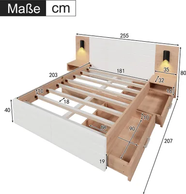 Immagine prodotto di okwish letto per bambini classico 180x200 cm con 2 cassetti, testiera con lampada da lettura e funzione di ricarica USB, con 2 comodini, rovere/bianco (senza materasso)