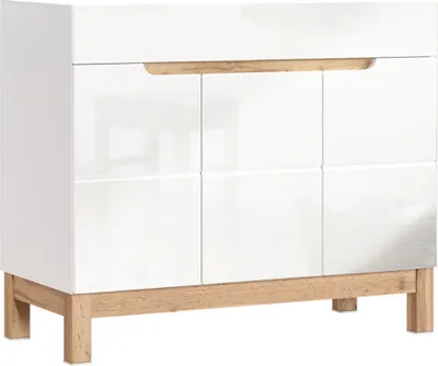 Produktbild von Waschtischunterschrank 100 cm SOLNA-56 Hochglanz weiß mit Wotaneiche, B x H x T ca. 100 x 85 x 46cm