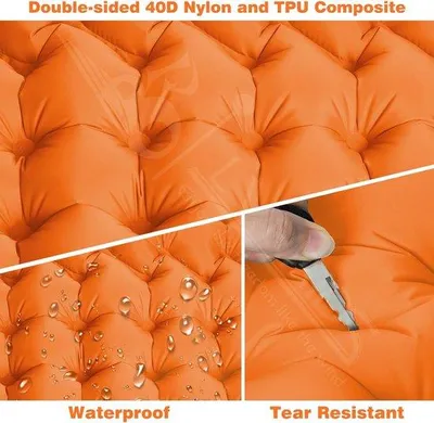 Obrázek produktu pro Samonafukovací karimatka Unyqoos® o rozměrech 200×70×10 cm, ultralehká, tloušťka 10 cm, včetně nožní pumpy, nafukovací pumpy a polštáře, možnost spojování, rozložené rozměry 78,7×27,5 cm, barva: oranžová