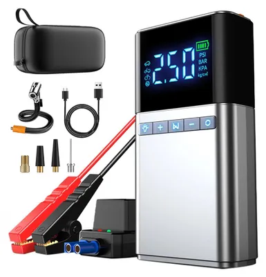 Immagine prodotto di Avviatore di emergenza per auto 4-in-1 - Booster con compressore - 1800A di corrente di picco, 12V - Compressore d'aria 150 PSI - Power bank da 12000mAh - Custodia compatta in EVA