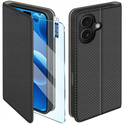 Zdjęcie produktu dla Etui Z Klapką Do Iphone 16 Zamykane Czarne Futerał + Szkło 9H