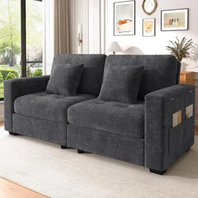 Produktbild von 2-Sitzer Wohnzimmercouch mit Stauraum in Armlehnen, weichem Chenille-Stoff, 2 Kissen & hochdichter Schaumstoffpolsterung, Massivholzrahmen, 180x81,5x84 cm, Dunkelgrau