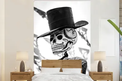 Produktbild von MuchoWow® Fototapete für Wohnzimmer oder Schlafzimmer Wandtapete Vinyl Motivtapete Symbol für das Gedenken an die Toten Mexiko - schwarz-weiß - 155x240 cm - Tapete