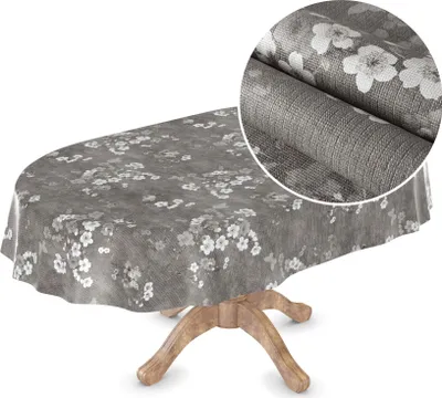 Produktbild von Tischdecke Wachstuch Premium Blumen Grau Robust Wasserabweisend Oval Breite 140 cm Länge 200 cm