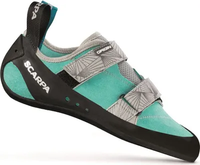 Kletterschuh "Origin" von Scarpa in Türkis mit grauen Mustern und zwei Klettverschlüssen.