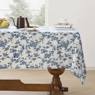 Productafbeelding van Tafelkleed, afwasbaar, rechthoekig, 300x140 cm, blauw, met bloemenprint, katoen en linnen