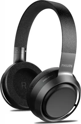 A studio shot of black Philips Fidelio headphones.