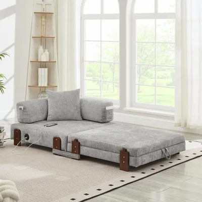 Zdjęcie produktu dla Rozkładana sofa 2 w 1 w kolorze jasnoszarym z funkcją spania, portem USB/Type-C, schowkiem, podłokietnikami, zajmująca mało miejsca – idealna do pokoju gościnnego i loftu