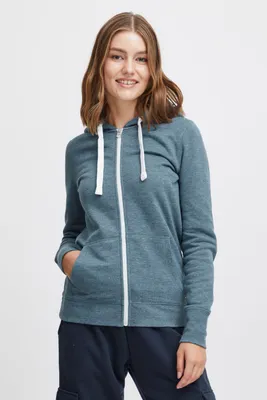 Produktbild von OXMO OXOlinda Damen Sweatjacke Kapuzenjacke Hoodie mit Kapuze Zip-Hoodie Zip-Jacke meliert mit Reißverschluss in Kontrastfarben dicke Kordeln