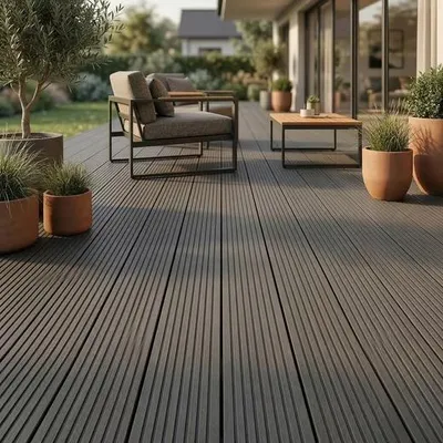 Produktbild von Terrassendielen WPC Anthrazit 10 m² Komplettset Woodobasic | 20 mm Hohlkammer-Diele mit Clipsystem | 2,4 m Dielen für Terrasse, Balkon & Garten