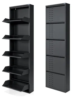 Produktbild von Metallschuhschrank mit 5 Klappen – Schwarz, schmal und platzsparend, montiert