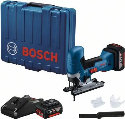 A Bosch jigsaw set including the jigsaw, a case, a battery, and a charger, displayed on a white background.