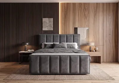 Obrázek produktu pro Postel s pružinovou základnou 140x200 Avra | 2 úložné zásuvky, 2 matrace H3 | Čalouněná čelo s panely | Kronos 22, tmavě šedá barva