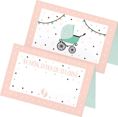 Produktbild von itenga 24x Tischkarten "Kinderwagen Vintage / Schön dass du da bist" rosa mint