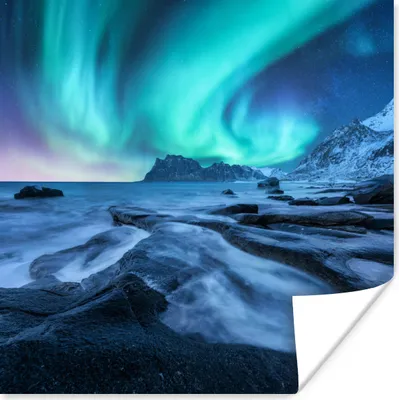 Produktbild von MuchoWow® Poster Nordlichter - Schnee - Berg - Norwegen 50x50 cm - Wohnzimmerdekoration