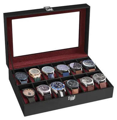 Produktbild von SONGMICS Uhrenbox mit 12 Fächern, Uhrenkasten, Glasdeckel, Uhrenkoffer, herausnehmbare Uhrenkissen, Metallverschluss, Geschenkidee, PolyurethanBezug in Schwarz, Samtfutter in Weinrot JWB120R01