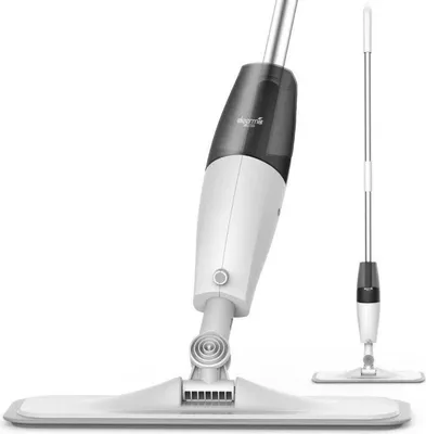 A spray mop is shown against a white background, with a smaller depiction of the mop in the background.