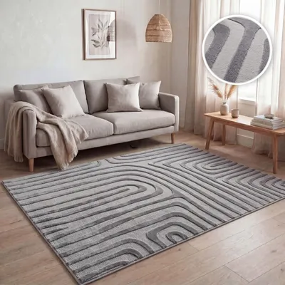Image de Tapis de salon, motifs géométriques abstraits modernes, effet 3D, gris, dimensions 160 x 220 cm