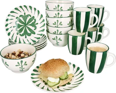 Produktbild von 18tlg Frühstücksset Wald grün Steingut 6 Personen Teller Schale Becher Zweige