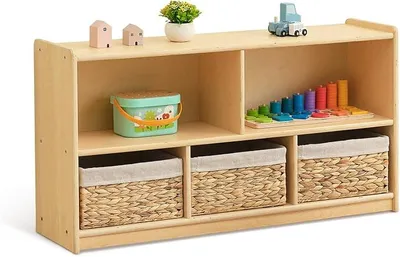 Produktbild von Bücherregal Montessori-Regal, Aufbewahrung mit 2 Etagen 5 Fächern, Kinder Spielzeugschrank Holz, Spielzeug Regal für Kinderzimmer, Klassenzimmer