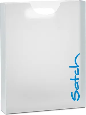 A white satch Heftbox Stylerbox with blue lettering.
