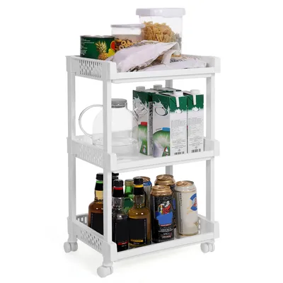 Produktbild von SONGMICS Servierwagen weiß mit 3 Etagen aus Kunststoff 61 cm hoch Rollwagen Allzweckwagen für Küche Büro Bad KSC03WT