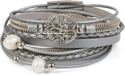 Produktbild von styleBREAKER Wickelarmband mit Perlen, Ketten, Flecht Element und Lebensbaum Anhänger, Magnetverschluss, Armband, Damen 05040070