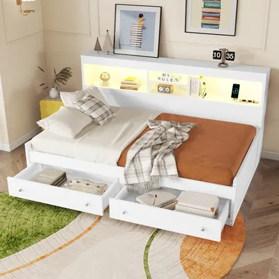 Obrázok produktu pre okwish Rozkladacia pohovka, denné lôžko 90x200 cm s roštom, detská posteľ s 2 USB a 2 nabíjacími portami, s ambientným osvetlením (bez matraca) - biela