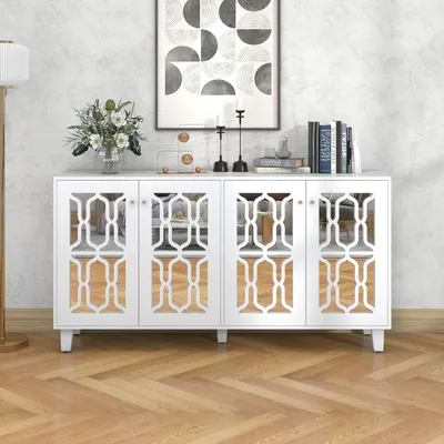 Zdjęcie produktu dla Lustrzany kredens Sweiko z chłodnymi kryształowymi uchwytami, czterema drzwiami, z ruchomym laminatem.do salonu i jadalni, 160 x 40 x 84 cm Biały